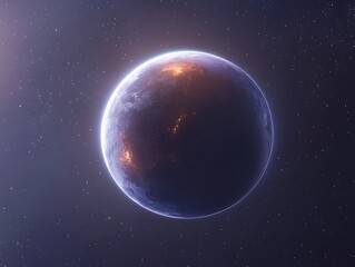 A rendered image of a planet in a dark starry galaxy