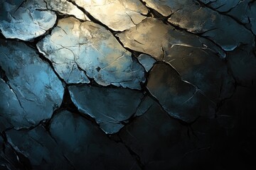 Abstract painting of cracked, dark blue and beige stone or ice, with light illuminating the surface.