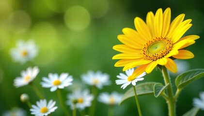 Fototapeta premium One bright yellow sunflower among white daisies, visual, bloom