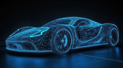 Naklejka premium Futuristic Car Wireframe, Dark Studio, Glow
