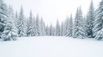 Naklejka premium Snowy pine forest. A pristine winter wonderland, frosted trees stand tall in a vast expanse of snow