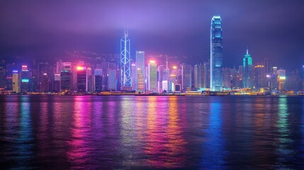 Fototapeta premium Hong Kong Skyline Night, City Lights Reflecting on Water