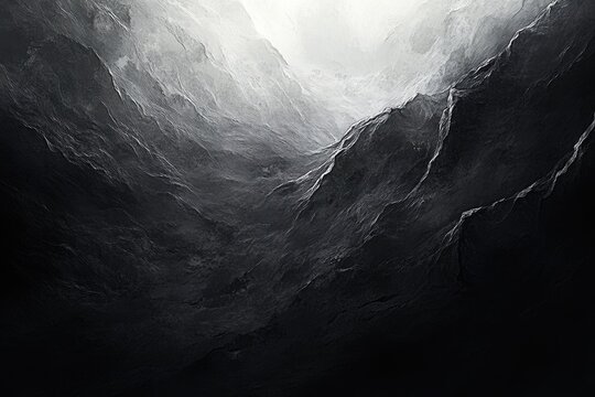 A grayscale abstract painting depicting a dark, textured mountainous landscape with a bright opening.