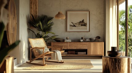 Cozy interior of a modern living room featuring natural materials, greenery, and serene atmosphere