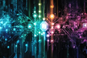 Abstract digital artwork depicting glowing circuit board pathways and nodes, vibrant colors.