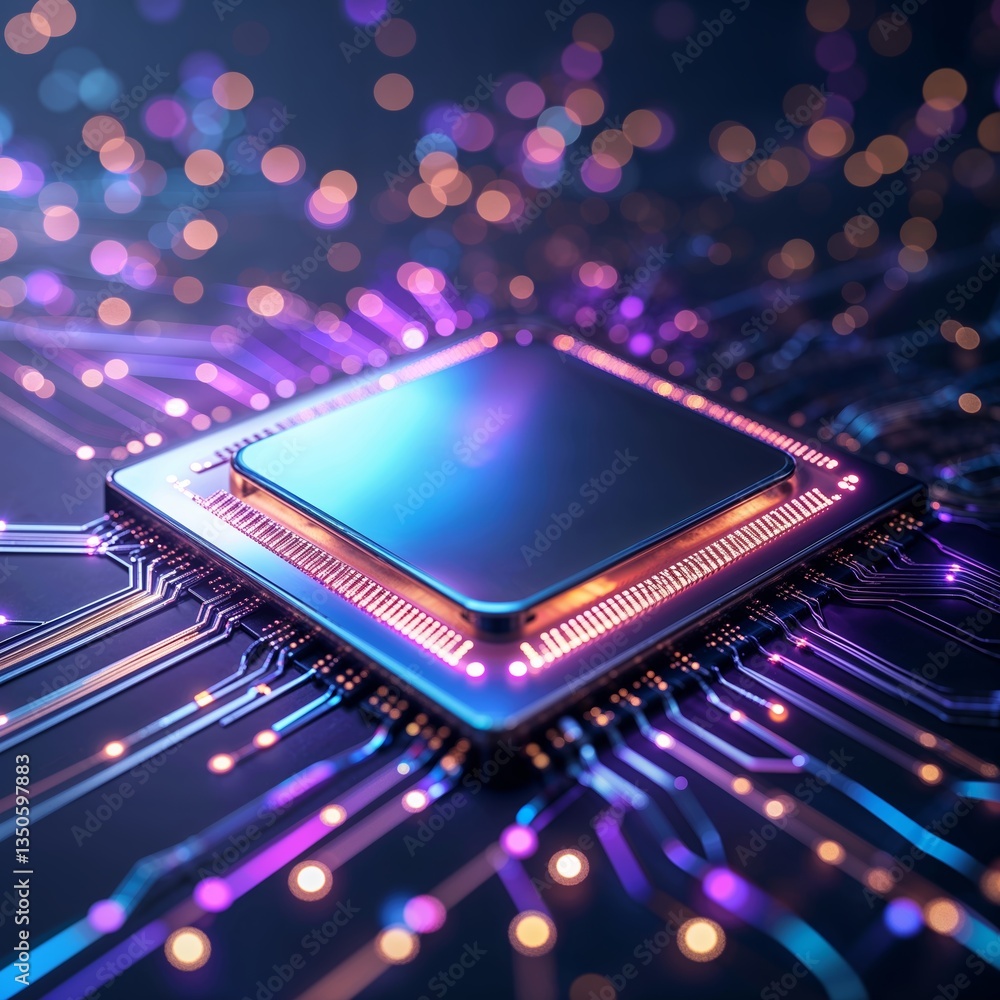 Poster close-up view of a computer processor surrounded by glowing circuit board elements in a modern digit