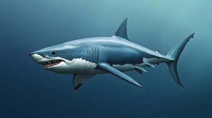 Fototapeta premium Sleek megalodon glides through deep waters, contrasting with a bulky silhouette in the background, embodying elegance and power
