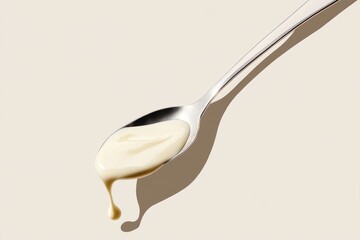 Creamy white substance on a metal spoon, dripping down, on a beige background.