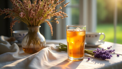 Dried branch and flower arrangement with iced tea, served on a linen tablecloth. Lavender and a decorative plate create a rustic and elegant spring table setting.