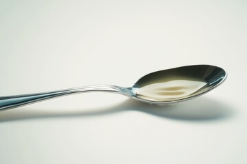 A metallic spoon holds a spoonful of light yellow liquid against a white background.