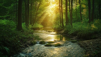 Naklejka premium Serene Brook Meandering Through Lush Green Forest at Sunrise