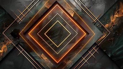 Geometric abstract background with glowing orange outlines.  Dark grey and black color palette layered with golden lines and luminous orange squares