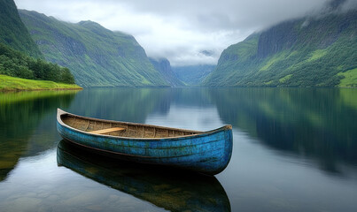 Blue canoe floating on a calm lake with mountains in the distance, greenery, and a cloudy sky
