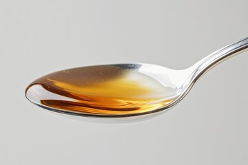 A spoonful of golden, viscous liquid, possibly honey or oil, reflecting light.