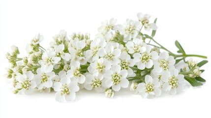 Fototapeta premium A close-up view of delicate white flowers with green leaves, showcasing their intricate details against a white background