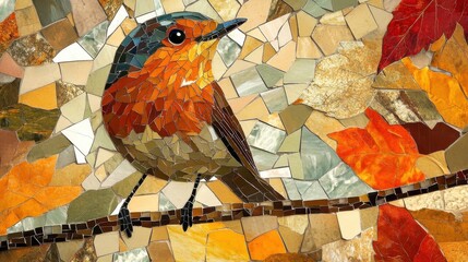Mosaic artwork depicting a bird sitting on a branch in autumn