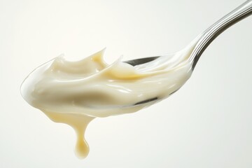 Creamy white substance overflowing a spoon, showcasing its texture and consistency.