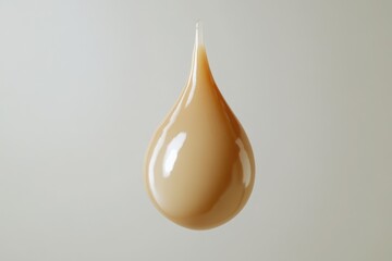 A single drop of light brown liquid hangs in mid-air against a neutral background.
