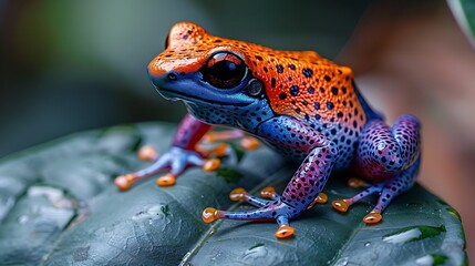 Vibrant orange and blue frog perched on a green leaf in a lush tropical rainforest setting
