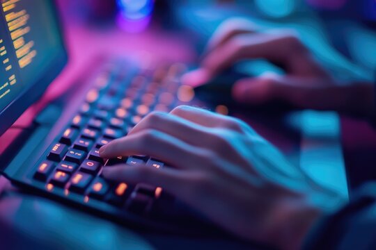 Close-up of hands typing code on a keyboard with vibrant neon lighting.