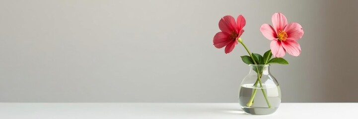 Single stem with flowers and leaves in a clear glass container, flora, plant, still life