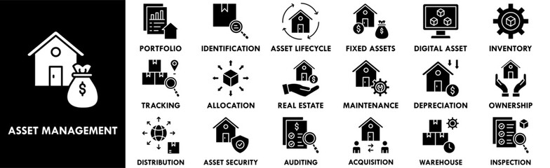 Asset Management icon collection set. Containing design business, management, investment, finance, money