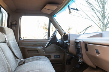  1990 covered pickup truck, lifted American 4X4 SUV off-road vehicle interior close up details