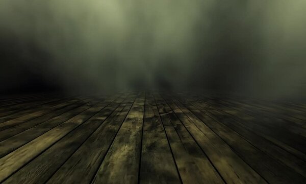 Mysterious foggy wooden floor, eerie atmosphere, background suitable for horror, fantasy, or mystery themes