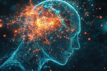 Abstract digital human head with glowing neural network connections, representing artificial intelligence or human mind.