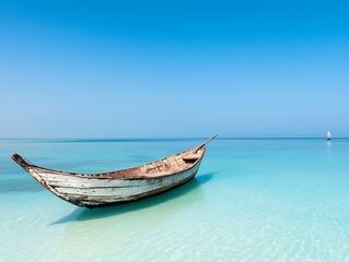 Naklejka premium Tranquil Wooden Boat for Azure Ocean, Tropical Beach.