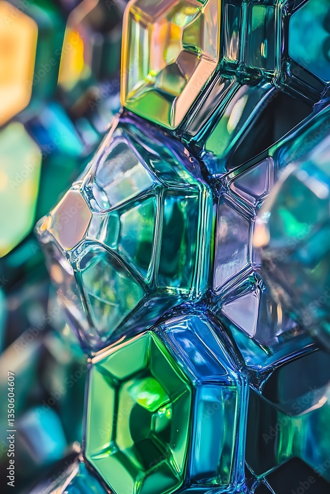 Poster background of intersecting hexagons in shades of green, cyan, and magenta – empty template for web b