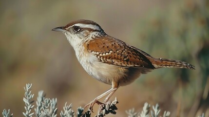 Fototapeta premium Rufous naped wren standing a desert shrub intricate brown and white feather details blurred arid landscape in the background high resolution clarity
