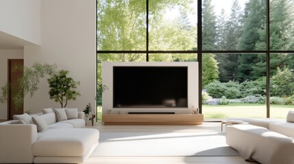 Fototapeta premium Large television screen stands in a modern minimalist living room with floor-to-ceiling windows showing a green forest during the day.