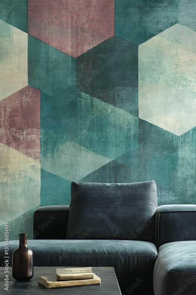 Aufkleber background of intersecting hexagons in shades of green, cyan, and magenta – empty template for web b