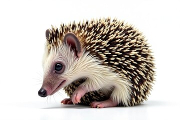 Obraz premium Tiny hedgehog curled in a ball, isolated on pure white background, studio, background