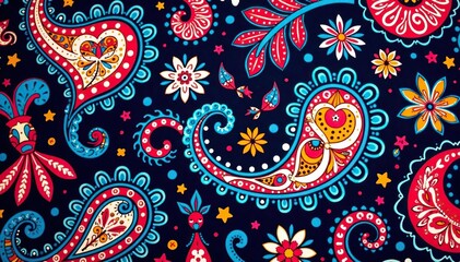Vibrant paisley print, bold colors and flowing lines in a repeating design , bold pattern, print, design