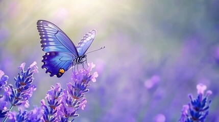 A Vibrant Blue Butterfly Resting on Lavender Flowers in a Softly Lit Garden Setting