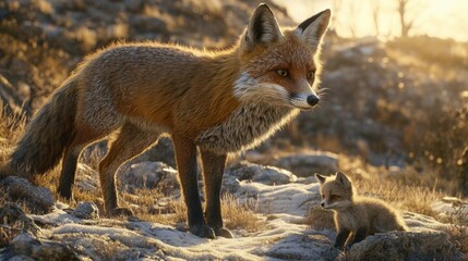 Naklejka premium A Red Fox and Its Cub Exploring the Rocky Terrain at Sunrise in a Natural Habitat