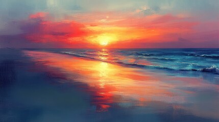 Obraz premium Vibrant sunset over ocean beach reflecting sky
