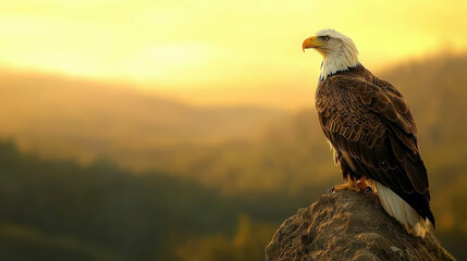 Fototapeta premium Majestic Bald Eagle Perched on a Rock Against a Golden Sunset in the Natural Wilderness