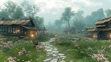 Obraz premium Misty village path winds through flowering meadows, past quaint houses with warm lights glowing