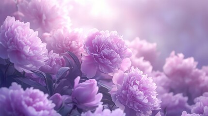 Fototapeta premium Lush blooming peonies in soft pastel hues under gentle sunlight, creating a serene garden atmosphere