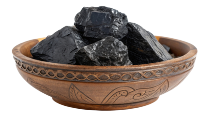 Shilajit powerful energy Madison black stone old traditional Madison bowl  isolated transparent background,shiny, storage, canister