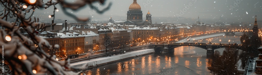 Poster a city with a river running through it and a cathedral in the background