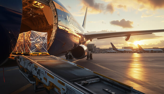 Open Cargo Bay &ndash; A close-up shot of an aircraft cargo door open, revealing shipments inside.  Generative AI.