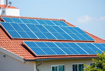 Fototapeta premium Blue solar panels on building roof generating clean energy, building, eco