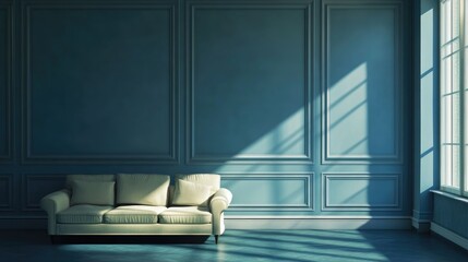 Bright and airy living room featuring a light-colored sofa against a blue wall with sunlight streaming in
