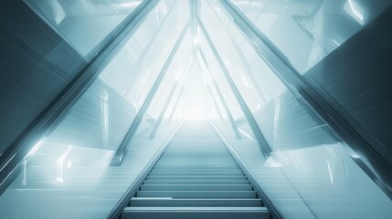 Futuristic staircase leading to a bright light, surrounded by sleek glass and metallic architecture