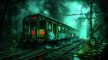 Fototapeta premium Abandoned subway train engulfed by overgrown jungle, eerie green glow, graffiti. Mystery and decay
