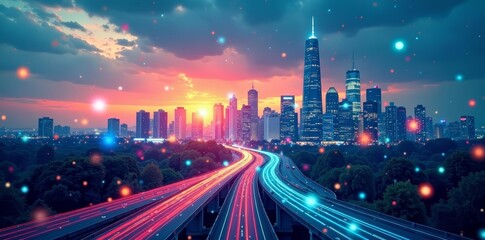 Fototapeta premium City skyline with transportation network and navigation symbols, streets, route, GPS